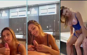 Tik Toker de São Paulo, super famosa, gravando um vídeo safado de calcinha azul enquanto dá uma sentada no marido da patroa